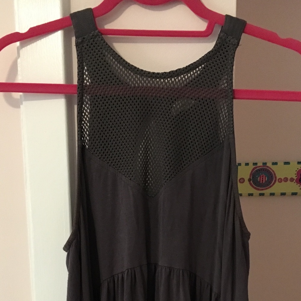 High low flouncy tank top with mesh neckline